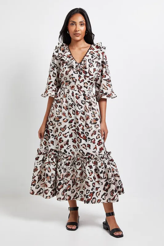 Wallis Women's Petite Leopard Ruffle Midi Dress in Natural Size: 12 Natural 12