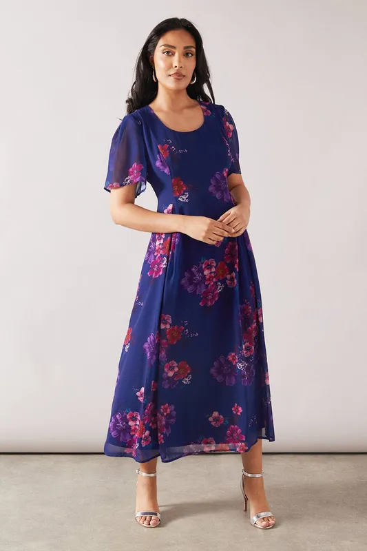 Wallis Women's Petite Printed Chiffon Midi Dress in Blue Size: 10 - Blue