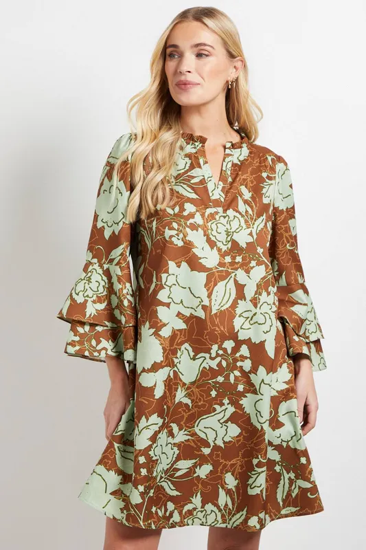Wallis Women's Petite Printed Ruffle Sleeve Shift Dress in Tan Size: 8 - Tan