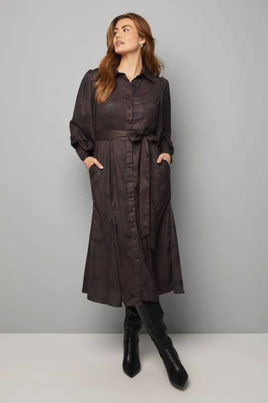 Wallis Women's Printed Pleat Detail Shirt Dress in Chocolate Size: 14 - Chocolate