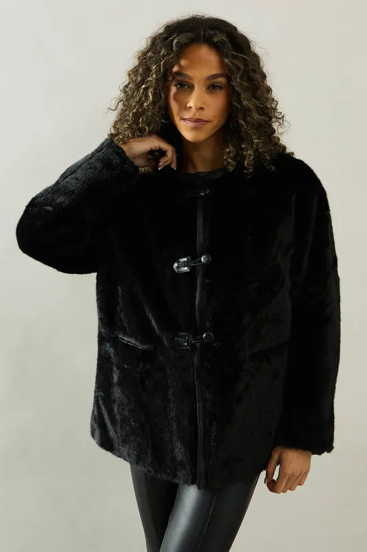 Wallis Women's PU Detail Faux Fur Jacket in Black Size: Small/Medium - Black