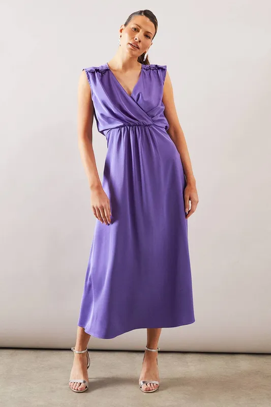 Wallis Women's Satin Wrap Gauged Dress in Blue Size: 8 - Blue