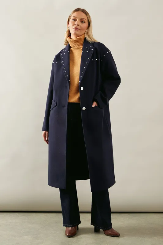 Wallis Womens Studded Wrap Midi Coat - Navy - Size 14 Uk