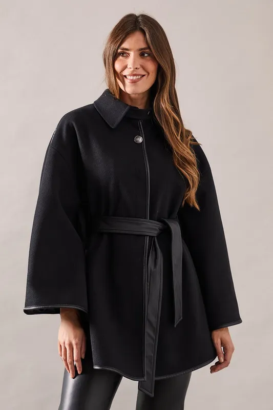 Wallis Womens Wool Mix Belted Cape - Black - Size 14 Uk