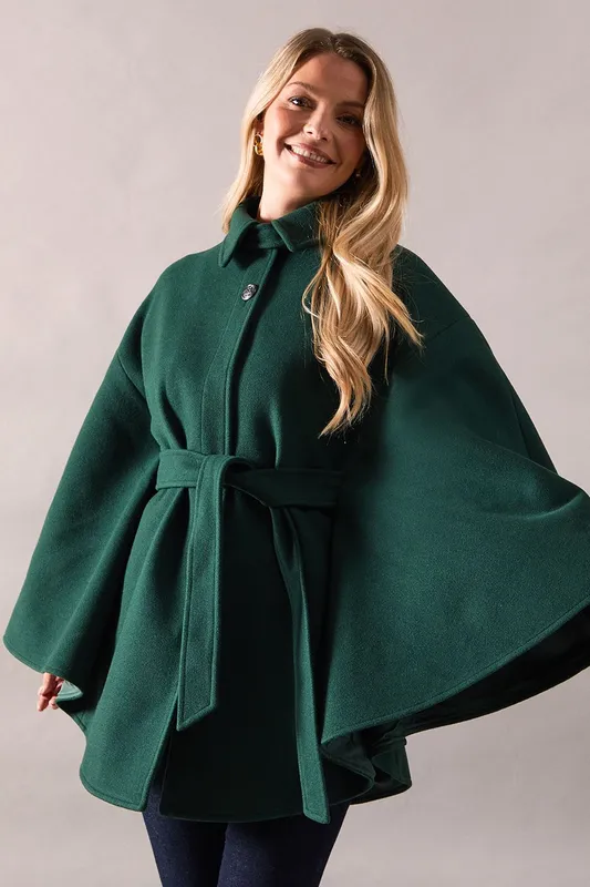 Wallis Womens Wool Mix Belted Cape - Teal - Size 16 Uk