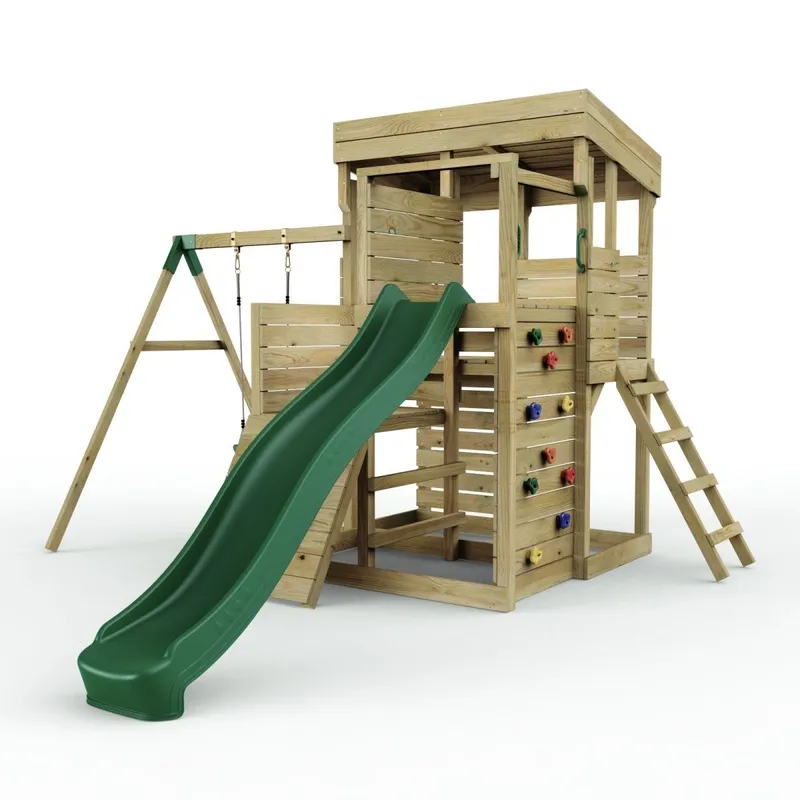 OutdoorToys 2 Tier XL Lookout Tower Playhouse with Swing & Slide in Brown Brown