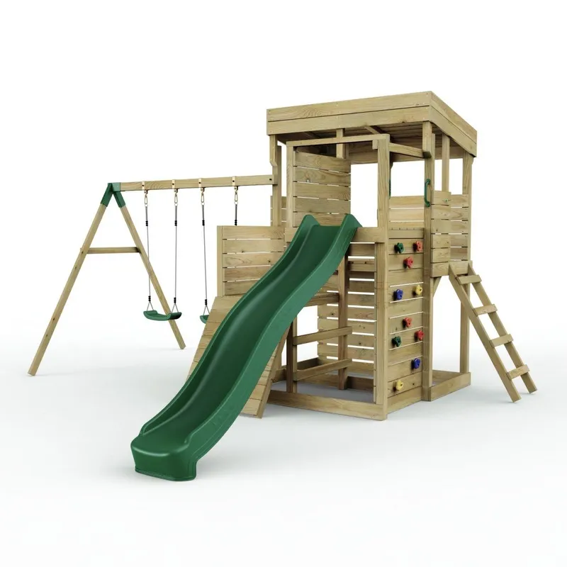 OutdoorToys 2 Tier XL Lookout Tower Playhouse with Swing & Slide in Brown Brown