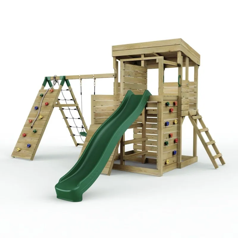 OutdoorToys 2 Tier XL Lookout Tower with Single Swing & Climbing Wall in Brown Brown