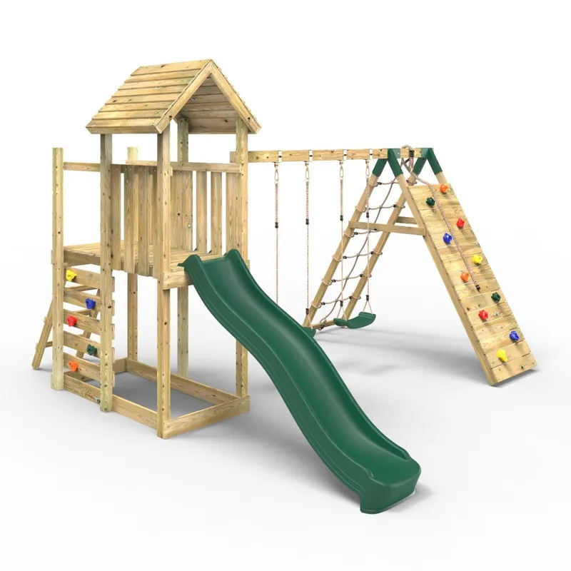 Rebo - Extended Tower Wooden Climbing Frame with Swings & Slide - Greenhorn