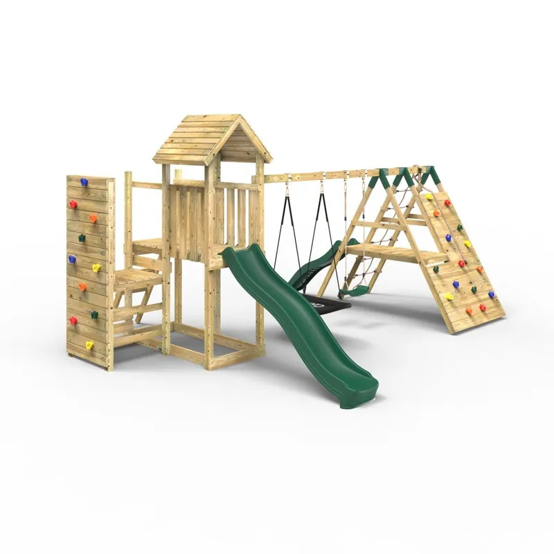 OutdoorToys Extended Tower Wooden Climbing Frame with Swings & Slide - Montana in Beige Beige