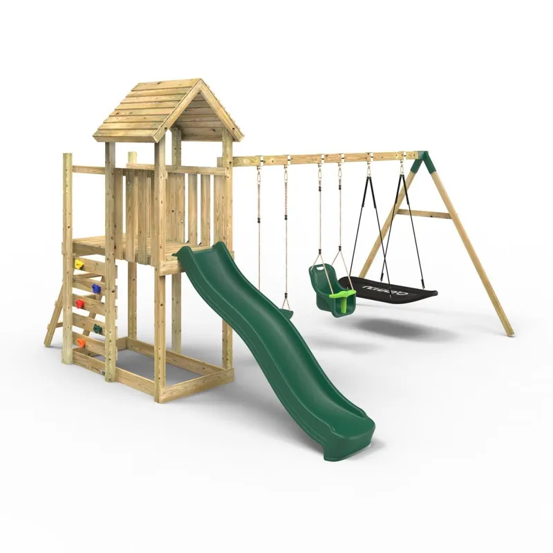 OutdoorToys Extended Tower Wooden Climbing Frame with Swings & Slide - Snowdon in Beige Beige