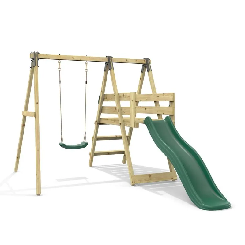 OutdoorToys Glide Wooden Single Swing Sets with 6ft Slide & Swing Seat � Orchid Green Green