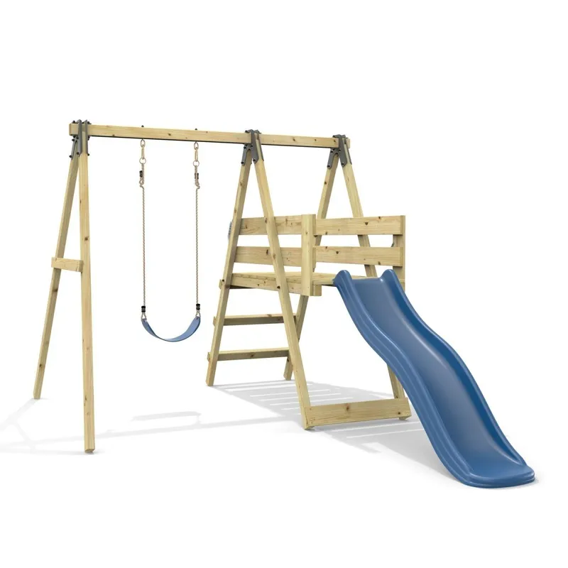 OutdoorToys Glide Wooden Single Swing Sets with 6ft Slide & Swing Seat � Orchid Navy Navy