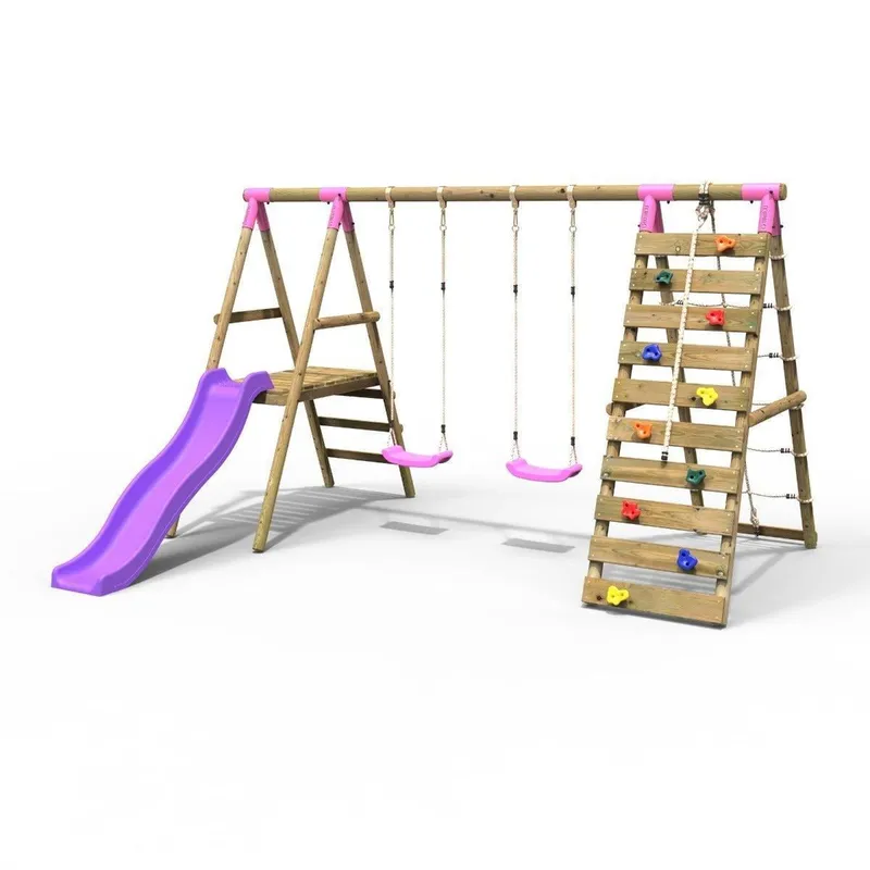 OutdoorToys Wooden Double Swing Set with Climbing Wall & Slide - Jade Pink Pink