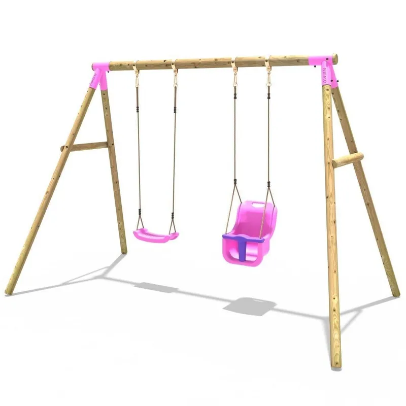 OutdoorToys Wooden Garden Swing Set with Standard Seat & Baby Seat - Luna Pink Pink