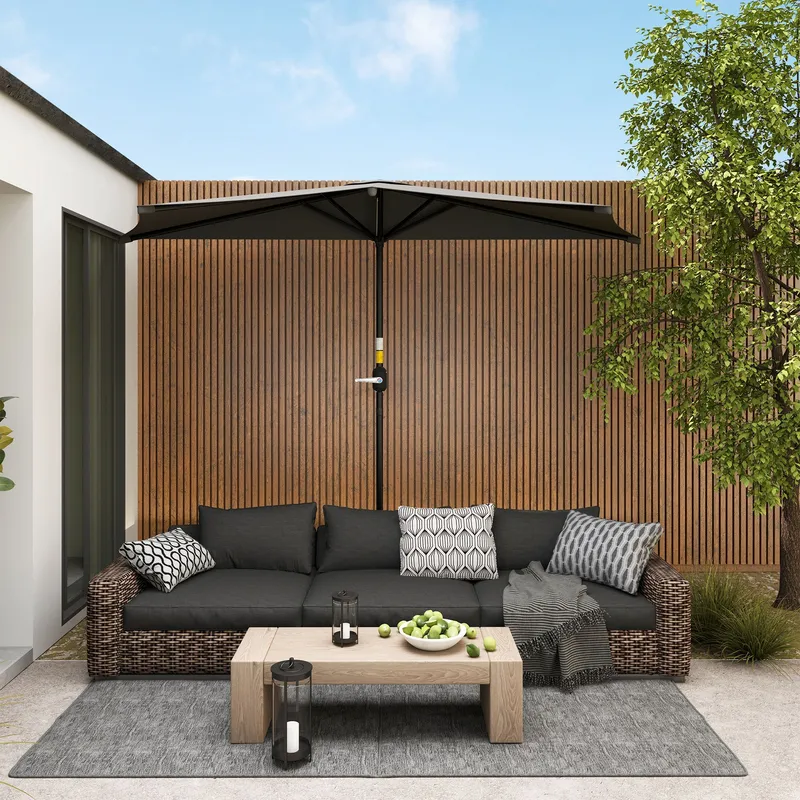 Outsunny 2.3m Half Round Parasol Umbrella Balcony Metal Frame w/ Crank NO Base in Dark Grey Dark Grey