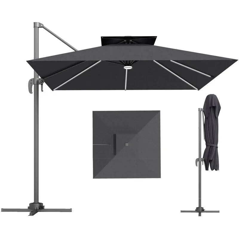 Outsunny 2.5m Cantilever Parasol, Garden Parasol with Lights, Dark Grey