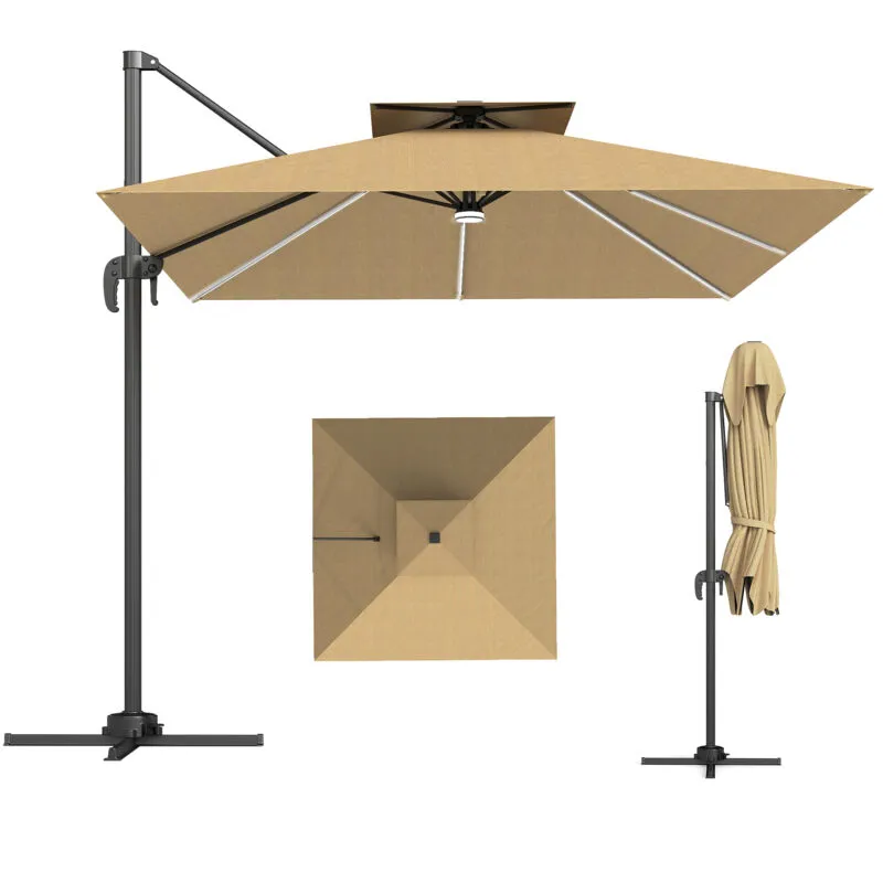 Outsunny - 2.5m Cantilever Parasol, Garden Parasol with Lights, Khaki
