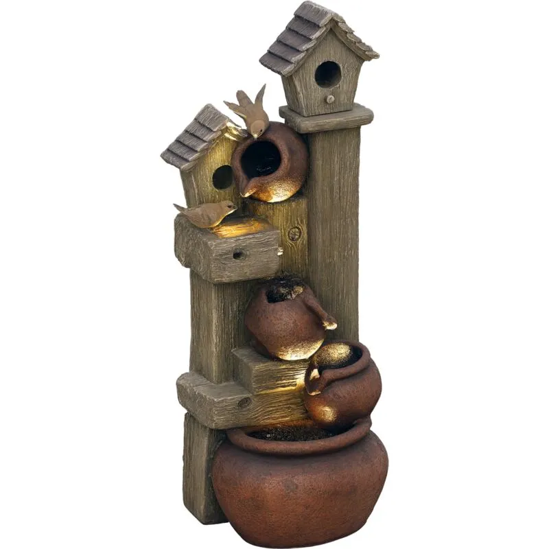 Outsunny 2-in-1 Waterfall Fountain with Birdhouse, Resin Outdoor Fountain Multicolor