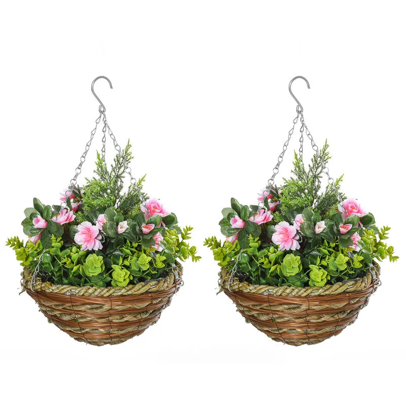 Outsunny - 2 PCs Artificial Lisianthus Flower Hanging Planter Basket Pink