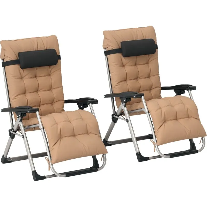 Outsunny - 2 pcs Reclining Zero Gravity Chair Folding Lounger Cushion Khaki