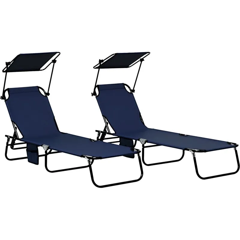 Outsunny 2 Piece Folding Sun Loungers with Adjustable Backrest, Dark Blue