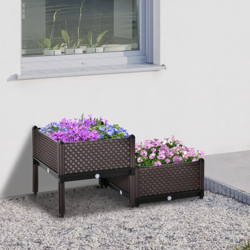 Outsunny 2-Piece Raised Garden Bed Planter Box for Flowers, Vegetables, Herbs in Brown Brown