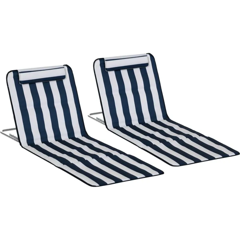 Outsunny 2 Pieces Outdoor Beach Mat Steel Reclining Chair Set w/ Pillow Blue
