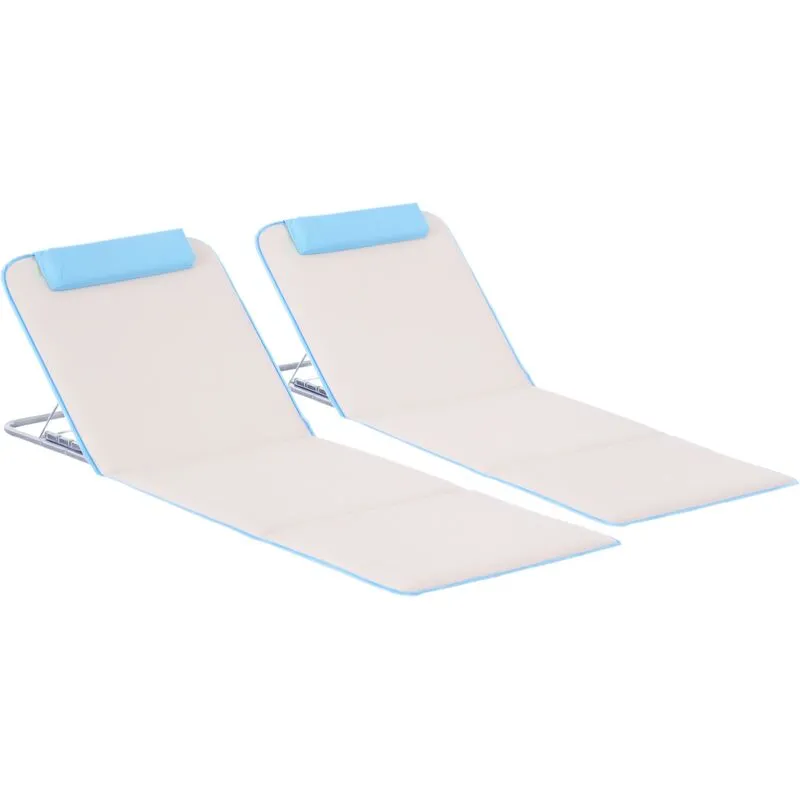 Outsunny 2 Pieces Outdoor Beach Mat Steel Reclining Chair Set w/ Pillow Cream