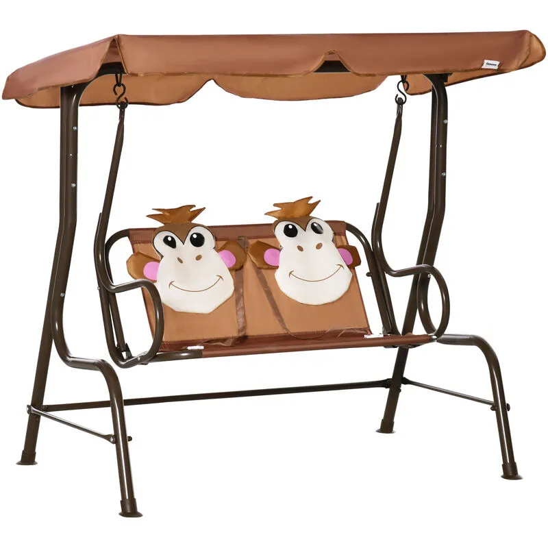 Outsunny - 2 Seat Kids Canopy Swing Chair w/ Adjustable Awning, Seatbelt - Brown