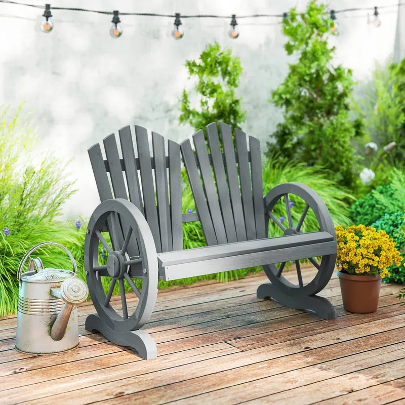 Outsunny 2 Seater Garden Bench w/ Wheel-Shaped Armrests Grey Grey