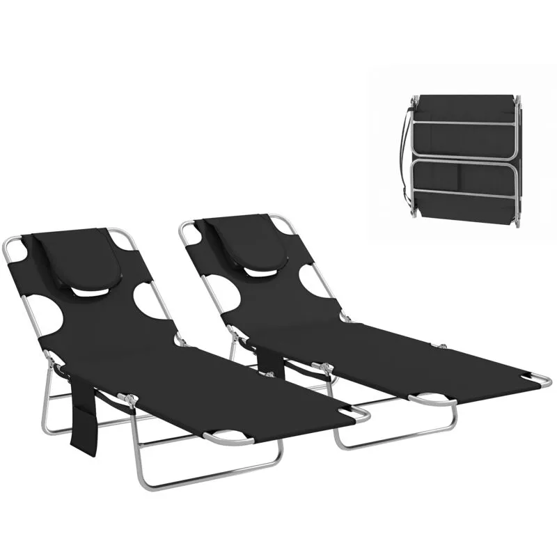 Outsunny 2 Sun Loungers with Reading Hole, Folding Garden Lounger, Black