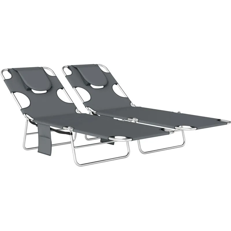 Outsunny 2 Sun Loungers with Reading Hole, Folding Garden Lounger, Dark Grey