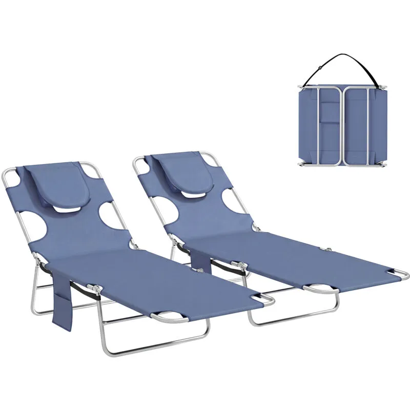 Outsunny 2 Sun Loungers with Reading Hole, Folding Garden Lounger, Grey