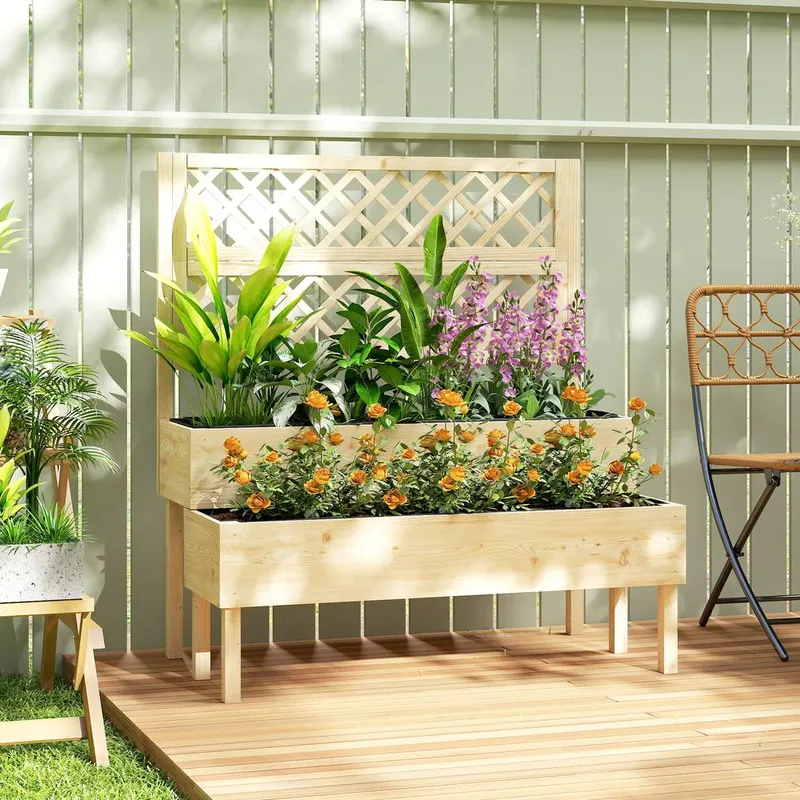 Outsunny 2-Tier Raised Garden Bed with Trellis for Climbing Plants