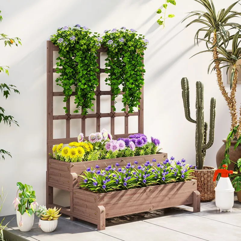 Outsunny 2-Tier Wooden Raised Bed with Trellis & Drainage Holes, Brown Brown