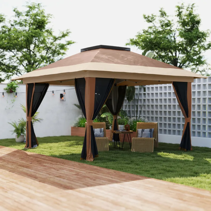 Outsunny 3.6 x 3.6m Pop Up Gazebo with Netting & Wheeled Bag, Brown Brown
