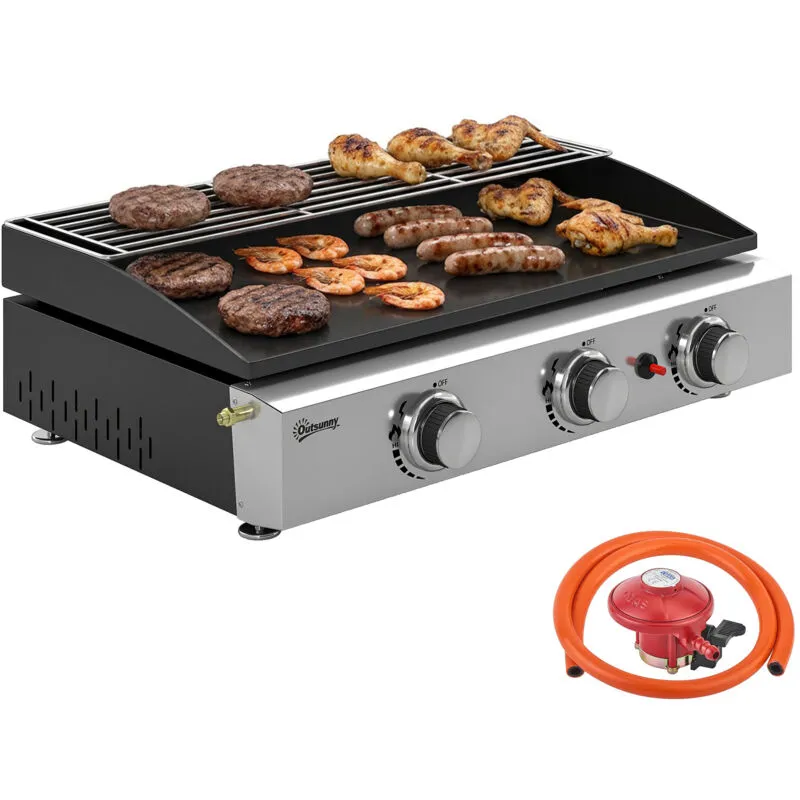 Outsunny 3 Burner Grill Griddle, Tabletop Gas Bbq with Grease Cup, Black