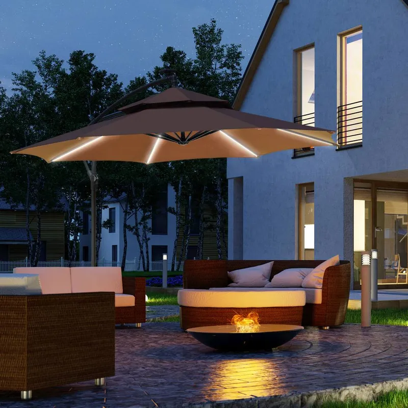 Outsunny 3(m) Cantilever Parasol Hanging Banana Umbrella w/ lights in Brown Brown