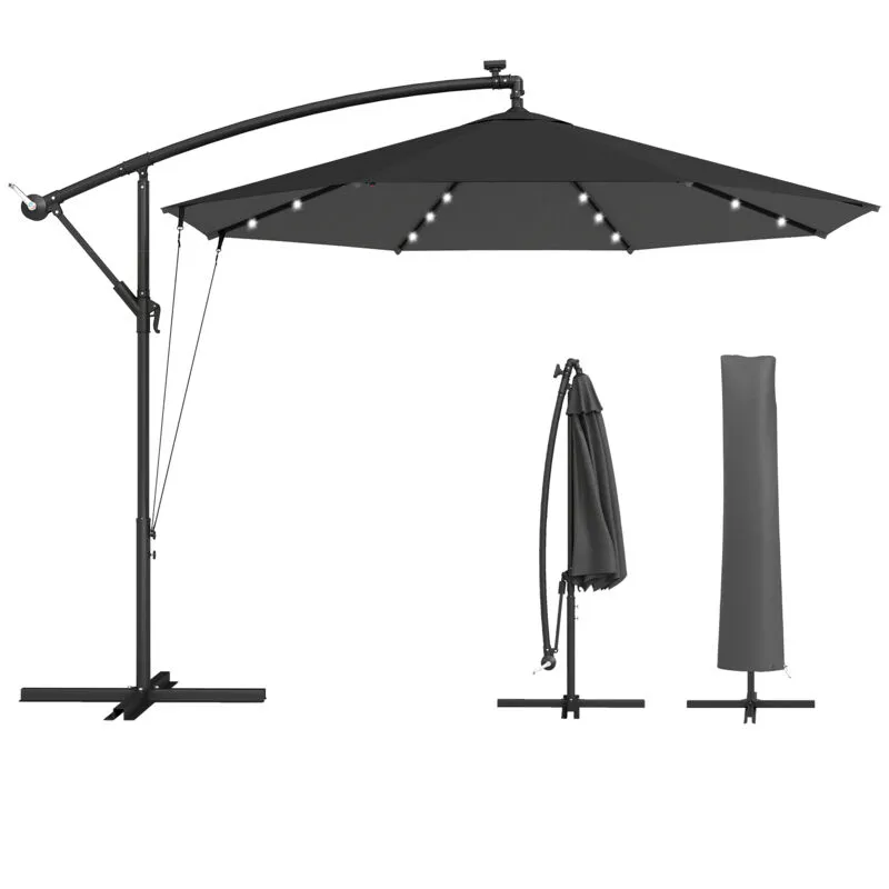 Outsunny 3 m Cantilever Parasol Solar LED Lights, Black