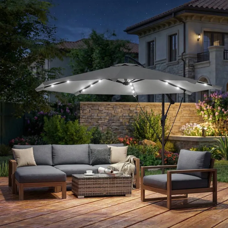 Outsunny 3 m Cantilever Parasol Solar LED Lights, Light Grey Size: 3m Light Grey 3m