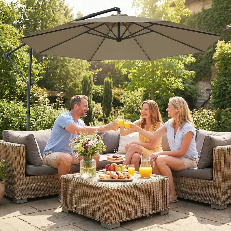 Outsunny 3 m Garden Cantilever Parasol with Cover, Rotation, Khaki