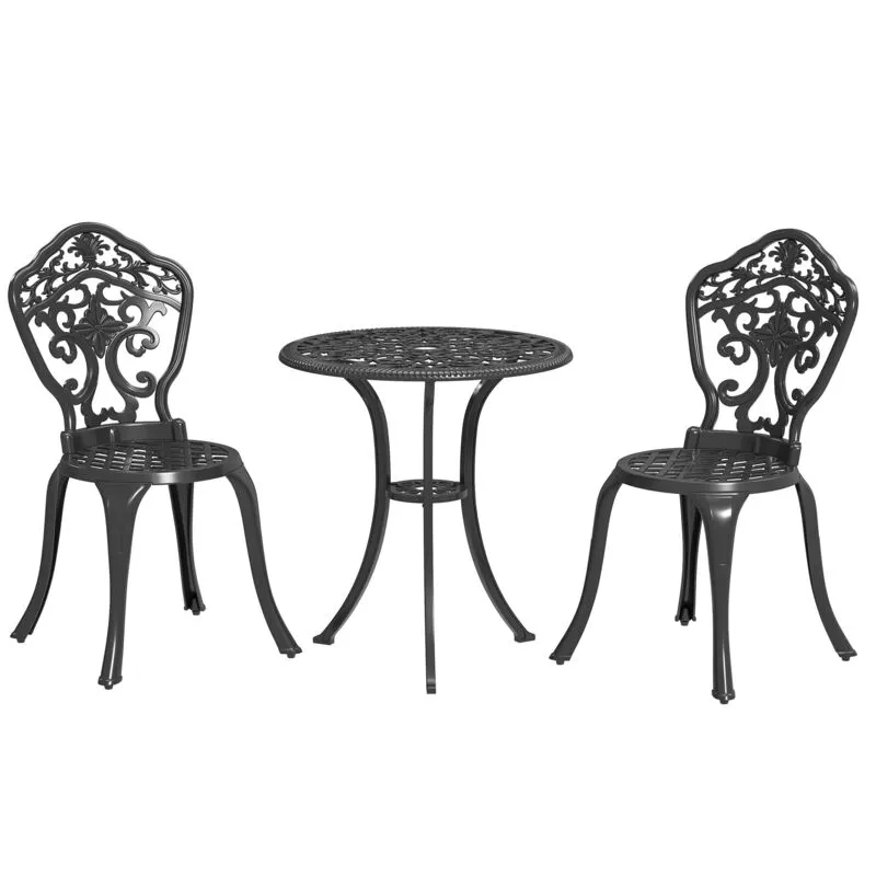 Outsunny 3 PCs Cast Aluminium Bistro Set w/ Parasol Hole for Balcony, Black
