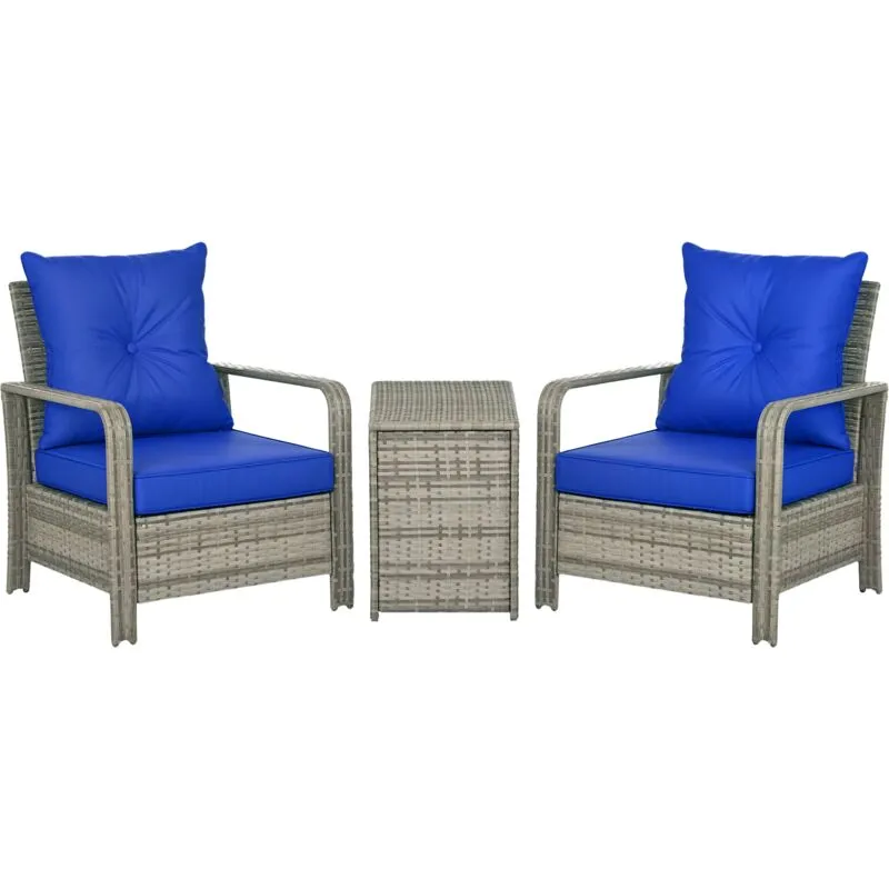 Outsunny 3 PCs PE Rattan Garden Sofa Set w/ 2 Chairs & Storage Table Blue