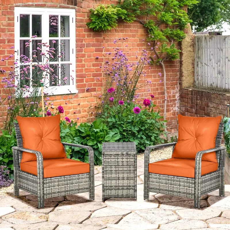 Outsunny 3 PCs PE Rattan Garden Sofa Set w/ 2 Chairs & Storage Table in Orange Orange