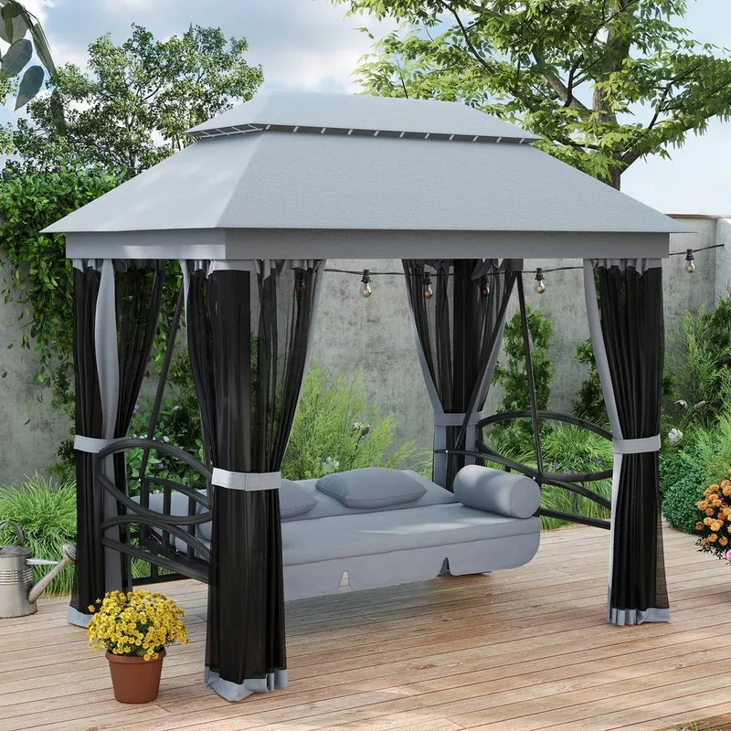 Outsunny 3 Person Canopy Gazebo Swing Outdoor Patio Lounge w/ Mesh Walls, Grey Grey