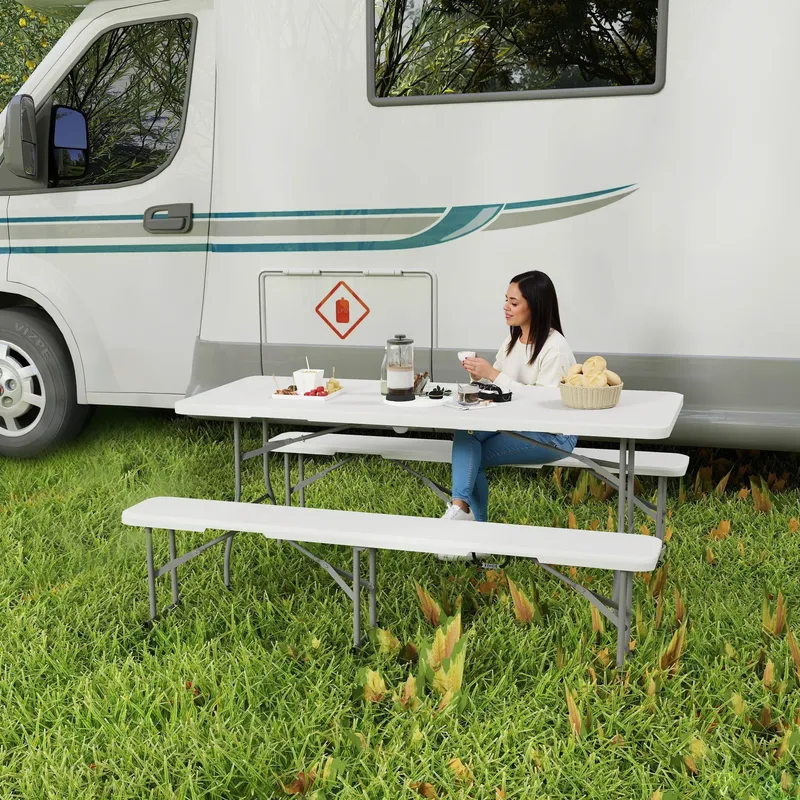 Outsunny 3 Piece Folding Picnic Table & Bench Set with Handles, White White