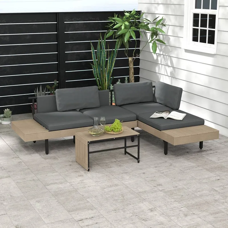Outsunny 3-Piece L Shape Garden Sofa Set with Hdpe Table, Cushions in Grey Grey