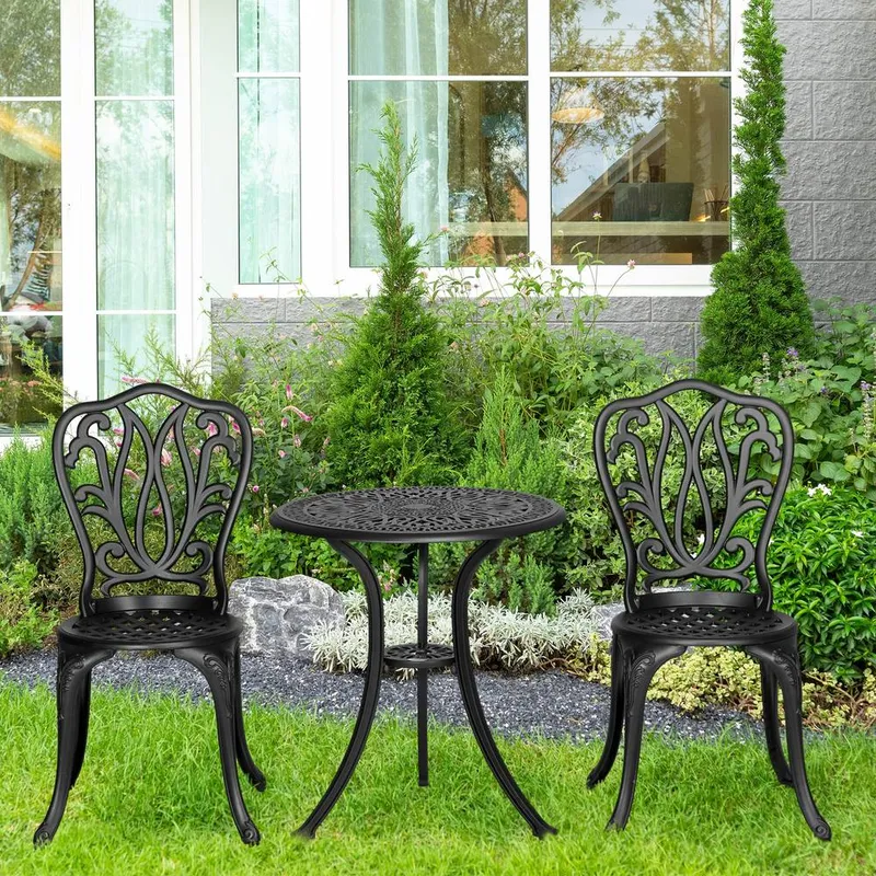 Outsunny 3 Piece Patio Bistro Set Outdoor Table Set with Umbrella Hole in Black Black