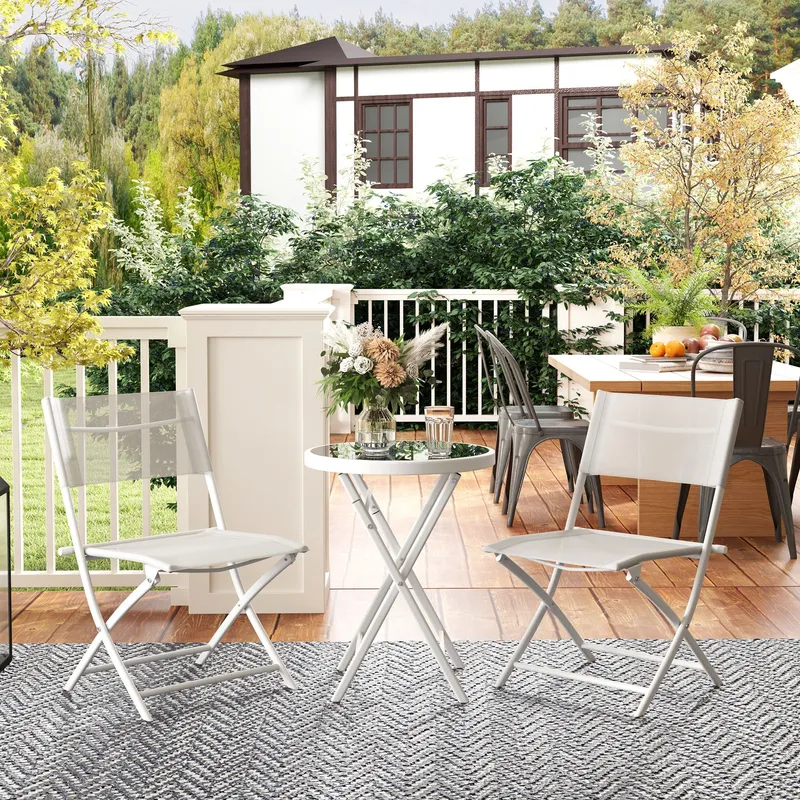 Outsunny 3 Pieces Outdoor Bistro Set, Glass Top Table & Chairs, White White